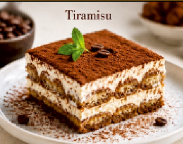 Tiramisu mit Kakao bestäubt und frischer Minze.