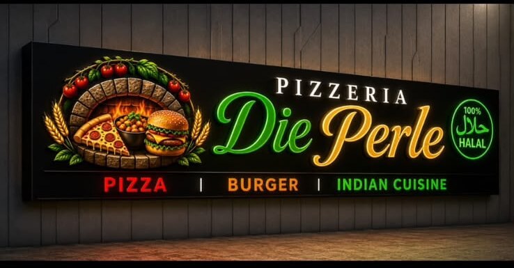 Beleuchtetes Schild der Pizzeria Die Perle mit Steinofen-Logo und den Schriftzügen Pizza, Burger und Indian Cuisine.