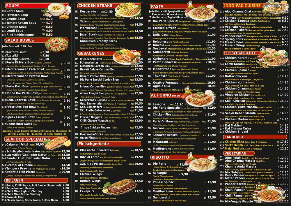 Speisekarte Seite 2: Suppen, Salat Bowls, Chicken Steaks, Pasta, Risotto und Indo-Pak Cuisine.